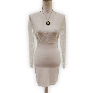 Windsor White Drop Waist Dress Lace Upper Long Sleeve Lined Bodycon S